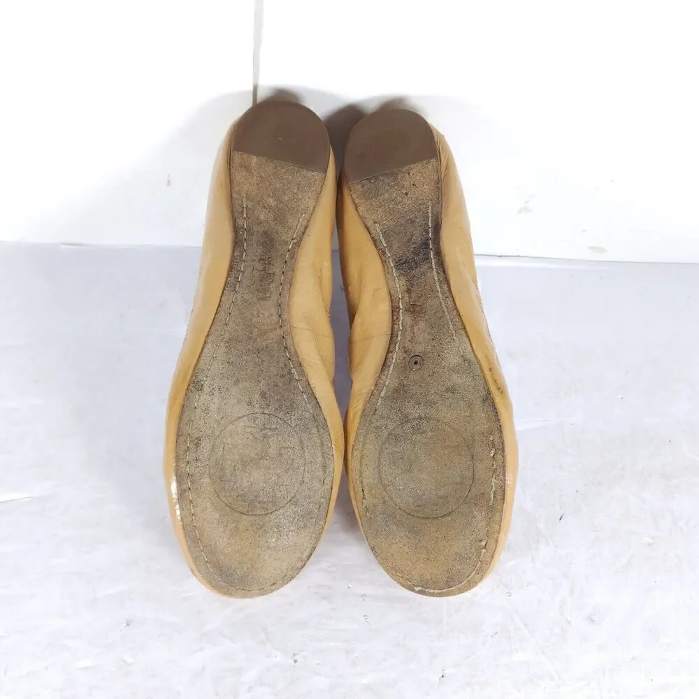 TORY BURCH Women's Caroline 2 US 8M Tan Leather Logo Slip On Ballet Flats